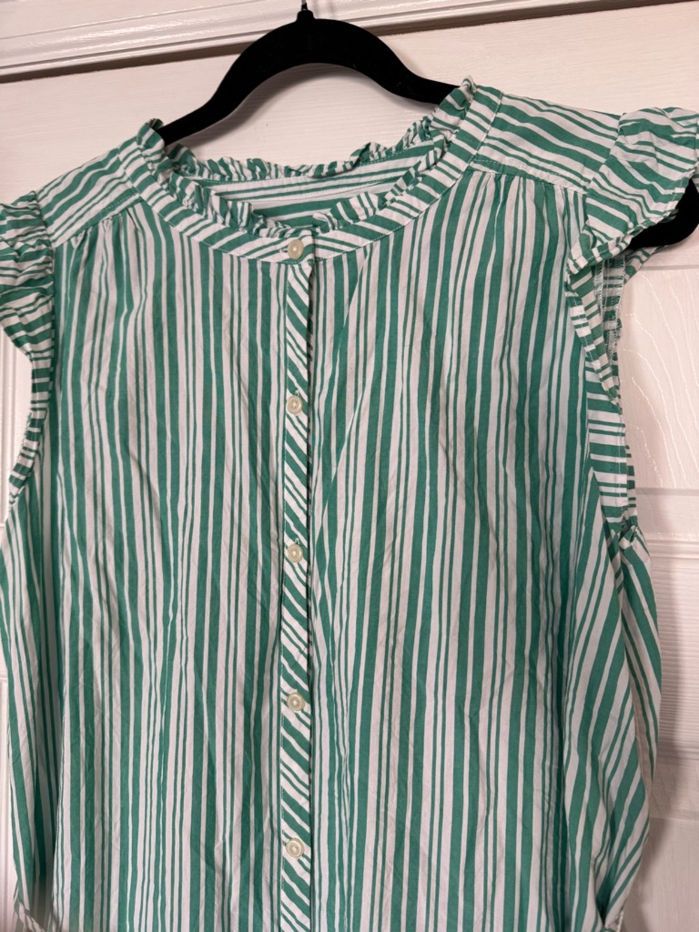 LOFT Green and White Striped Ruffle-Shoulder Shirt Dress - Picture 5 of 6